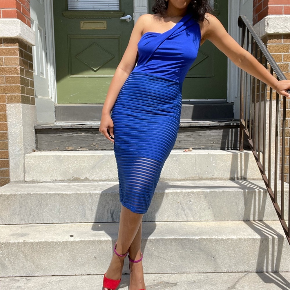 Royal Blue One Shoulder Midi Bodycon Dress